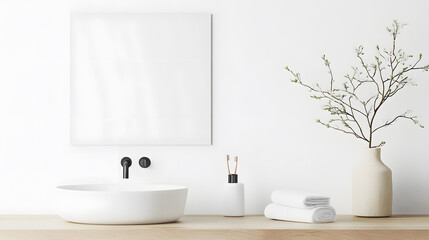 Fototapeta premium White vanity with ceramic sink and faucet in modern style white bathroom interior detail concept