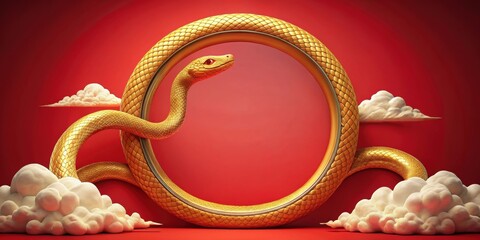 Golden snake in circular frame with clouds on red background, golden, snake, circular, frame, clouds, red, background