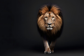 Fototapeta premium Lion walking through a dark, isolated on black background