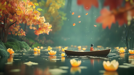 Obraz premium Serene Autumnal Lake Scene With Solitary Boatman