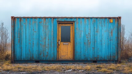 a blue shipping container with a door