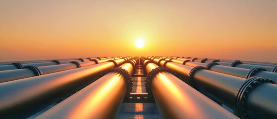 Industrial oil and gas pipelines under a vibrant sunset sky showcasing petrochemical power