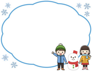 雪だるまと冬服をきた子供たちのフレームイラスト