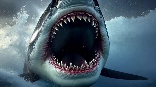 Majestic great white shark emerging ocean depths