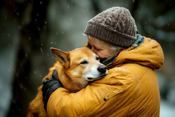 An older person embracing a dog