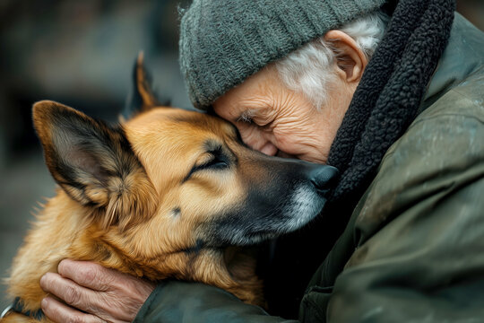 An older person embracing a dog