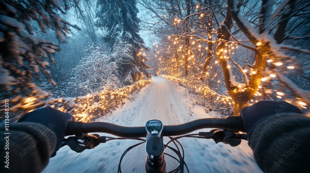 Aufkleber Enjoy a unique perspective of biking along a snowy trail illuminated by beautiful string lights. The surrounding trees are blanketed in snow, creating a mesmerizing winter atmosphere.