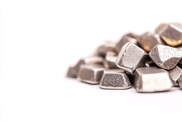 A close-up view of silver metal ingots stacked in an industrial workshop showcasing raw materials. On white background