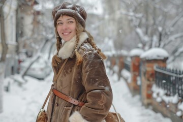 Fototapeta premium Woman in vintage winter outfit with big braid smiling.