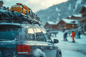Exploring snowy mountains with a travel car packed for winter sports adventure
