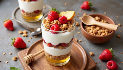 Delicious fruit and yogurt parfait layered with granola, garnished with fresh strawberries and raspberries in a cozy setting