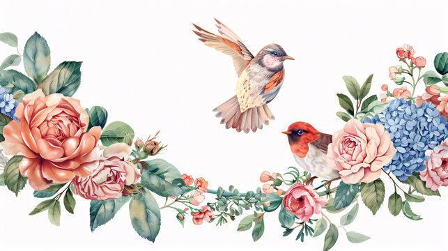 Floral Round Frame with Robin Bird: Vector design featuring a round frame with pink roses, hydrangeas, carnations, mixed plants, and a cute small robin bird. Half moon shape bouquets. 