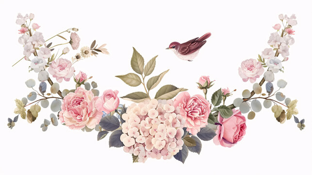 Floral Round Frame with Robin Bird: Vector design featuring a round frame with pink roses, hydrangeas, carnations, mixed plants, and a cute small robin bird. Half moon shape bouquets. 