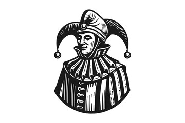 Medieval jester. Vintage engraving vector illustration. Logo, emblem, woodcut. Black and white line art	