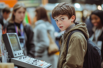 Young boy explores sound experimentation in vibrant technology fair