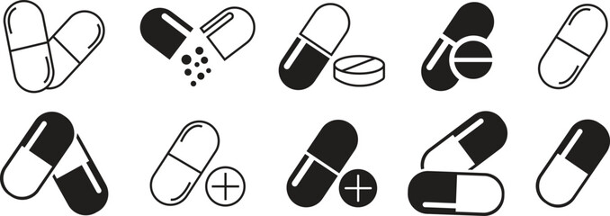 Capsule glyph Pill icons set. Medicine drugs pills capsule black icon vector illustration Medicament and pharmaceutical symbols. Medical capsule pictogram isolated on transparent background.