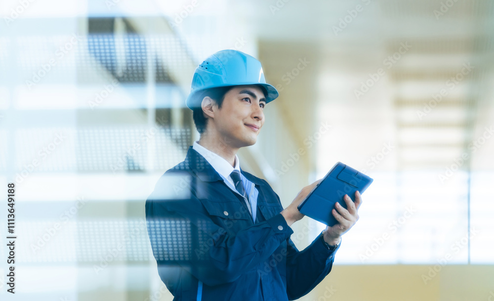 Poster 建設、男性、ゼネコン、エンジニア、タブレット、技術者、工場、作業員、点検、メンテナンス、安全、ヘルメット、チェック、確認、日本人、ビルメン、工務店、DX、IIoT、設計、検査、工事、耐震、仕事、作業服、ビル、建物、建築士、設計士、内装、解体、IT、開発、データ、見学、訪問、注文、オフィス、人材、製造業、システム、物流、産業、修理、査定、見積もり、デベロッパー、業者、インフラ、人物