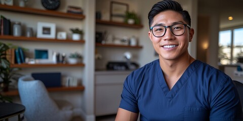 Fototapeta premium A man in a blue scrubs shirt is smiling and sitting in front of a kitchen counter. The kitchen is well-equipped with a refrigerator, oven, and microwave