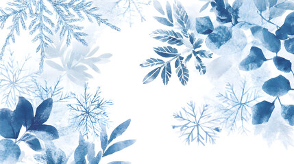 Watercolor Winter Botanical Illustration Featuring Blue Leaves and Snowflakes