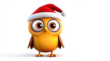 Fototapeta premium Cute Cartoon Owl Wearing Santa Hat on White Background