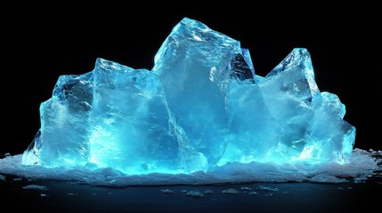Isolated glowing blue ice shard break with snow particles on a solid black background