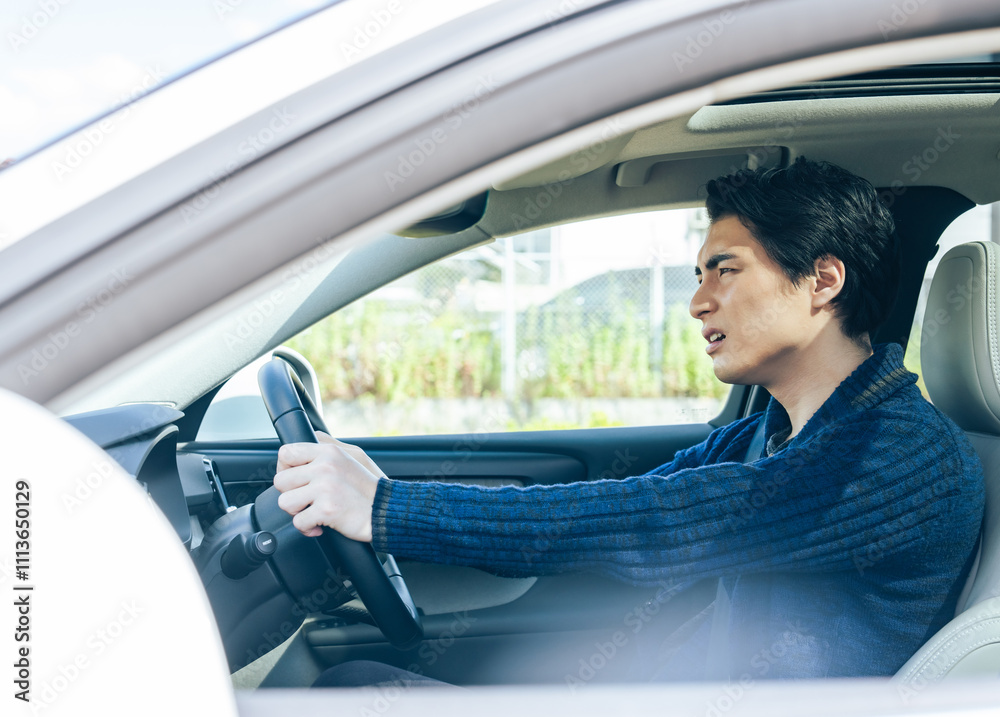 Poster 自動車、運転、男性、ドライブ、ドライバー、不安、心配、焦る、渋滞、事故、安全、不満、困る、悩む、トラブル、ハンドル、運転席、運転手、日本人、迷う、表情、旅行、レンタカー、危険、残念、疑問、疲労、交通、道路、クルマ、モビリティ、車内、インテリア、失敗、間違い、ミス、見落とし、逆走、戸惑う、スピード、違反、信号、混雑、帰省ラッシュ、がっかり、落ち込む、若い、保険、ロードサービス、人物