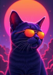 Obraz premium Stylish cat wearing sunglasses against a vibrant sunset background in a colorful retro aesthetic 
