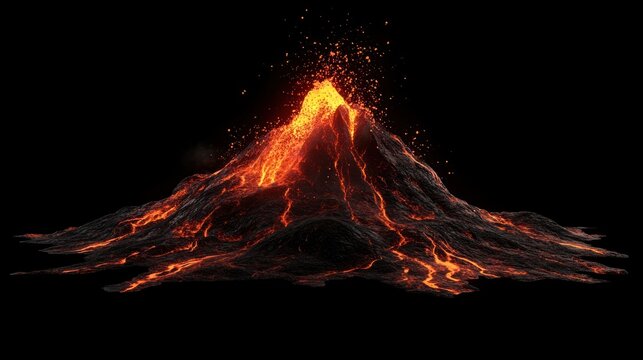 Molten lava burst from a volcano fissure on a solid black background