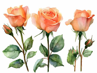 Obraz premium Peach Roses Watercolor Illustration