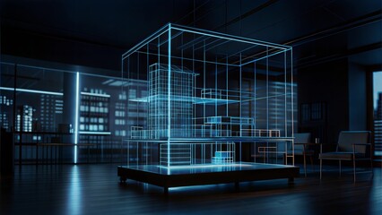 Futuristic 3D holographic model of a building displayed in a modern architectural office at night
