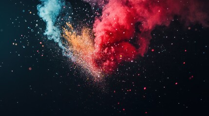 Colorful burst of particles, explosion on black