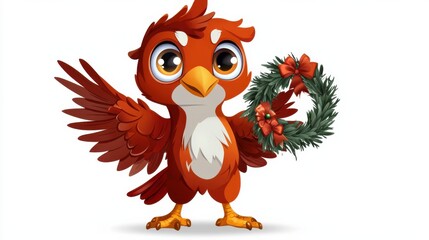 Fototapeta premium Cute Cartoon Red Bird Holding Christmas Wreath