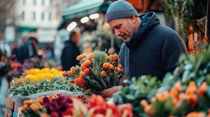 A man is shopping for flowers at a market