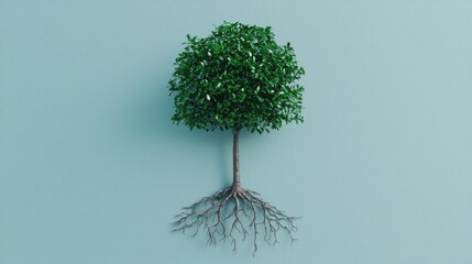 Milestones success tracking. A stylized tree with a green canopy and visible roots against a soft blue background, symbolizing growth and nature.