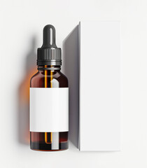 Photo of a blank white label on a mock-up of an amber glass dropper bottle, with a rectangular box next to it 