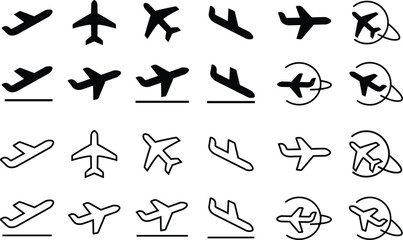Plane icon set. Travel concept. Departures and arrivals symbol Airplane icon vector silhouette travel flight simple logo on isolated transparent background. Flight transport symbol.