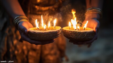 Hands holding ornate bowls with multiple glowing flames during a sacred ceremony. A symbol of light, intention, and spiritual connection.