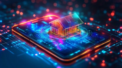 Glowing holographic house projected on smartphone screen amid vibrant digital landscape