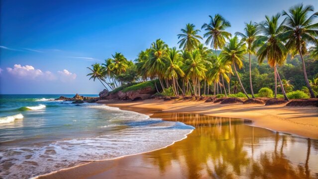 Beautiful Sinquerim Beach in Goa, India, with golden sand, clear blue water
