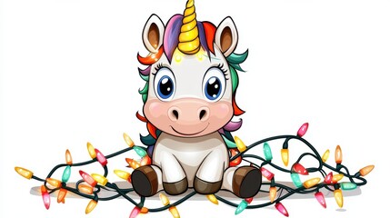 Fototapeta premium Cute Cartoon Unicorn Sitting Amid Twinkling Holiday Lights and
