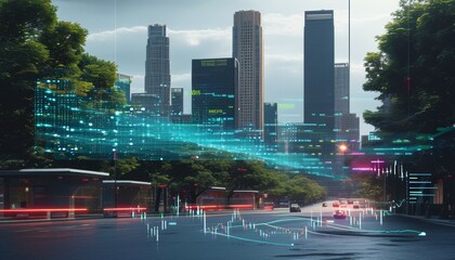 Urban skyline overlaid with digital data visualizations, symbolizing smart cities, technology integration, and real-time financial analytics.