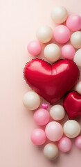 Obraz premium Bright red heart shaped balloons surrounded by pink and white spheres create festive atmosphere