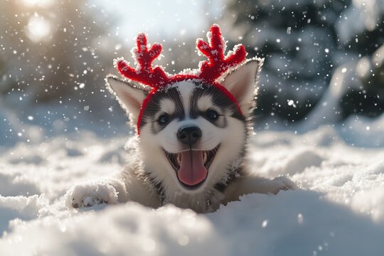Adorable siberian husky puppy in snow with red reindeer antlers for christmas festivities