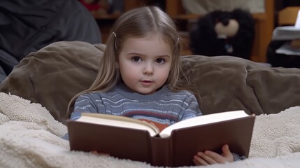 Young girl reading a book in cozy setting with warm lighting