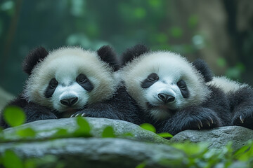 Obraz premium Two Adorable Panda Cubs Sleeping Together Peacefully