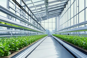 Fototapeta premium A modern greenhouse filled with vibrant green plants, showcasing advanced agricultural technology and natural light.