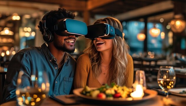A smiling couple wearing VR headsets enjoys an immersive dining experience, combining gourmet food with virtual reality in a modern restaurant setting.