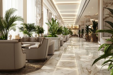 Fototapeta premium Elegant hotel lobby featuring luxurious seating and lush greenery, creating a relaxing and inviting atmosphere.