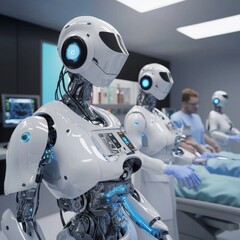 Futuristic medical robots assisting in a surgery, showcasing advanced technology and a sterile environment.
