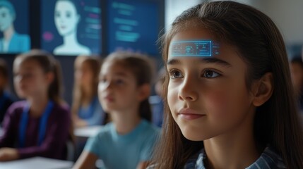 Fototapeta premium Students engaged in learning with an AI camera analyzing emotional responses in a modern classroom setting